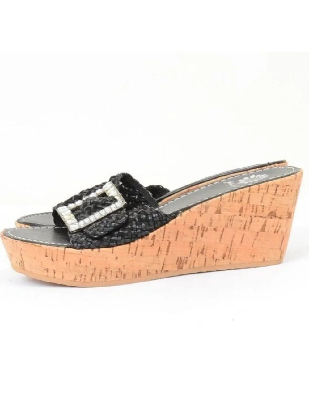 Yellow Box Women's 8 Chunky Rhinestone Buckle Vegan Leather Cork Wedge Slides